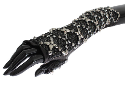 Dolce &amp; Gabbana Elegant Black Crystal Beaded Leather Gloves