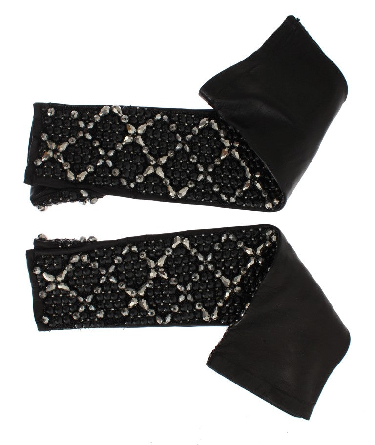 Dolce &amp; Gabbana Elegant Black Crystal Beaded Leather Gloves