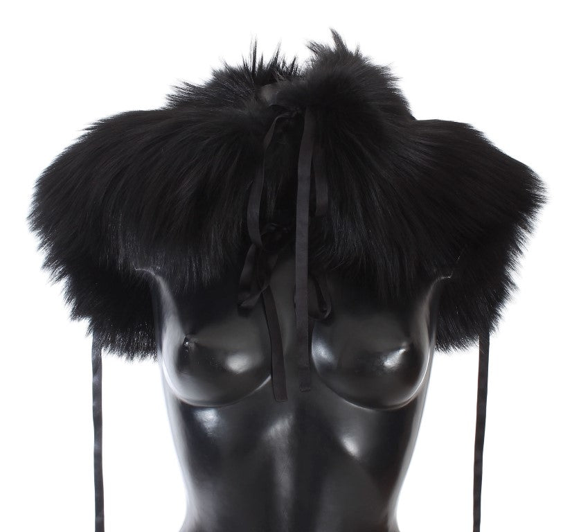 Dolce &amp; Gabbana Elegant Black Fox Fur Silk Shoulder Wrap