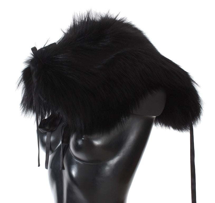 Dolce &amp; Gabbana Elegant Black Fox Fur Silk Shoulder Wrap