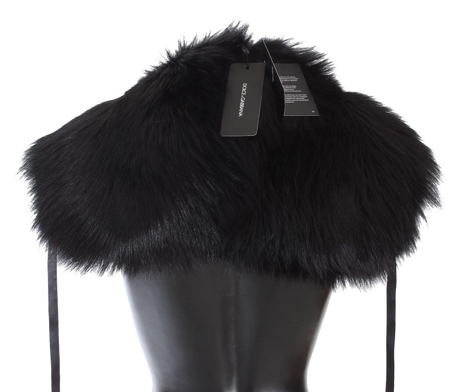 Dolce &amp; Gabbana Elegant Black Fox Fur Silk Shoulder Wrap