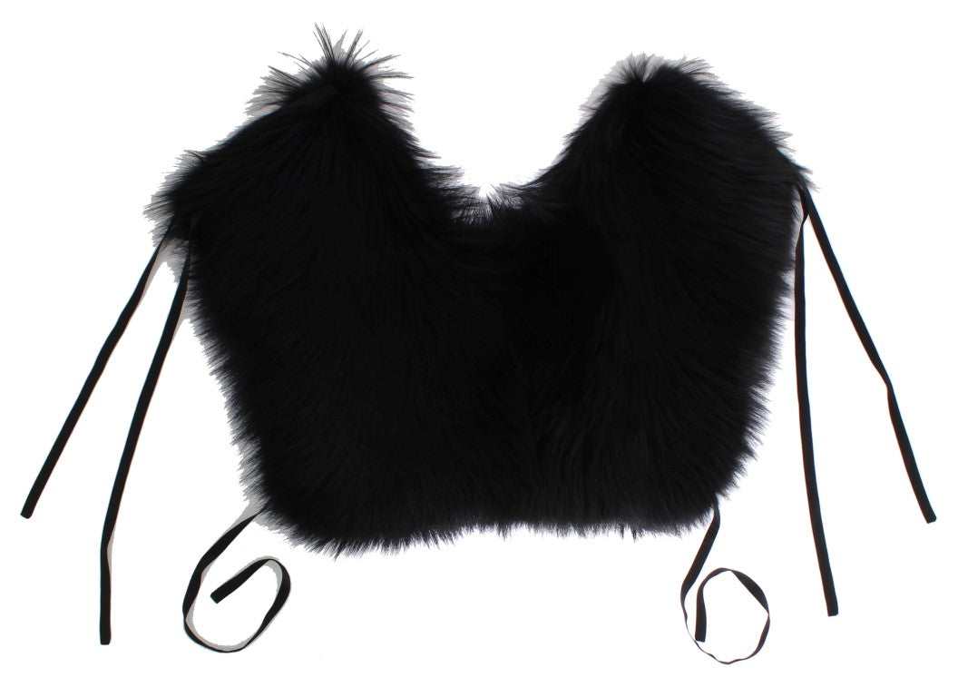 Dolce &amp; Gabbana Elegant Black Fox Fur Silk Shoulder Wrap