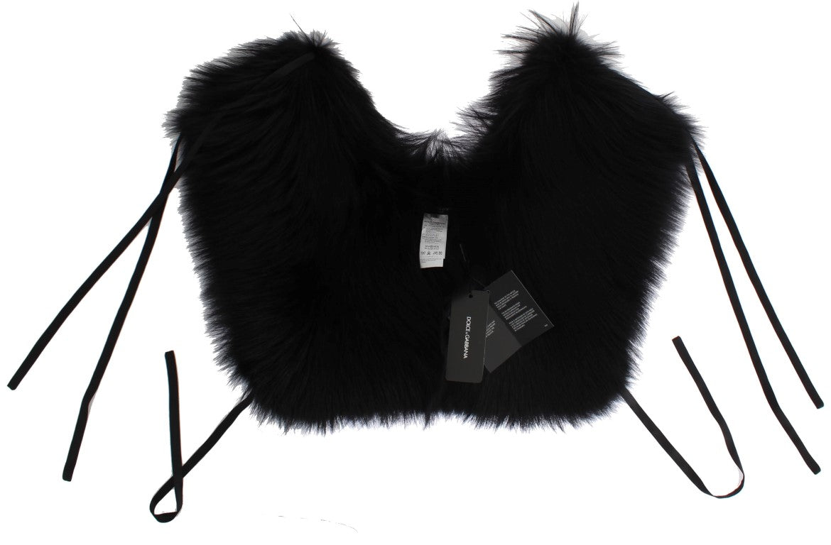 Dolce &amp; Gabbana Elegant Black Fox Fur Silk Shoulder Wrap