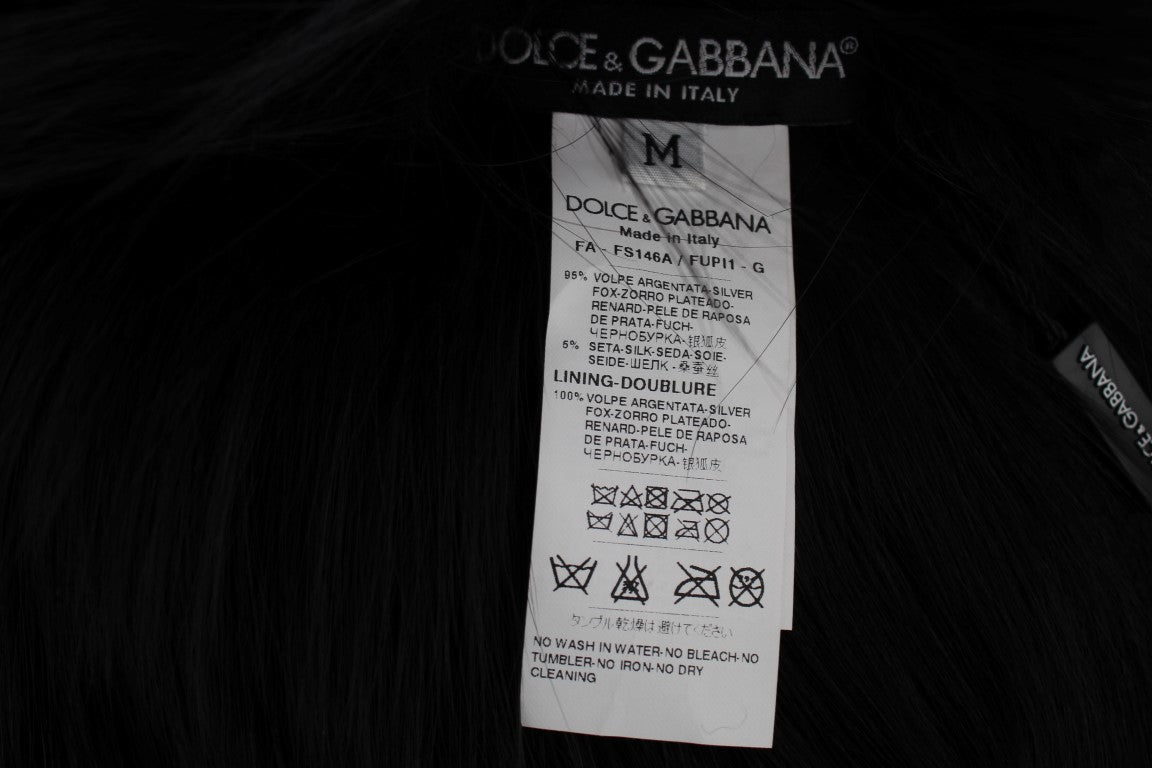 Dolce &amp; Gabbana Elegant Black Fox Fur Silk Shoulder Wrap