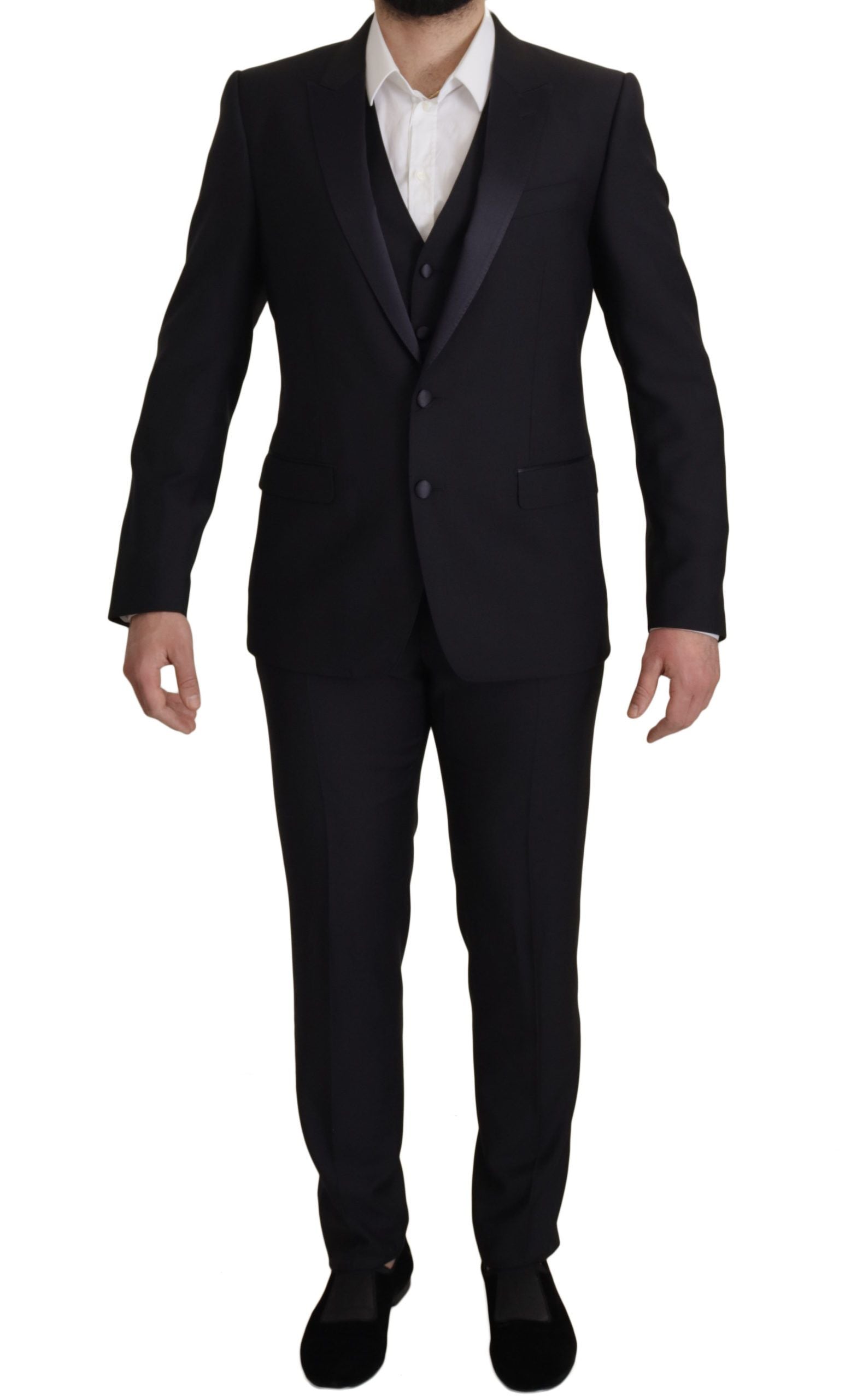 Dolce &amp; Gabbana Elegant Black Three-Piece Wool Blend Suit