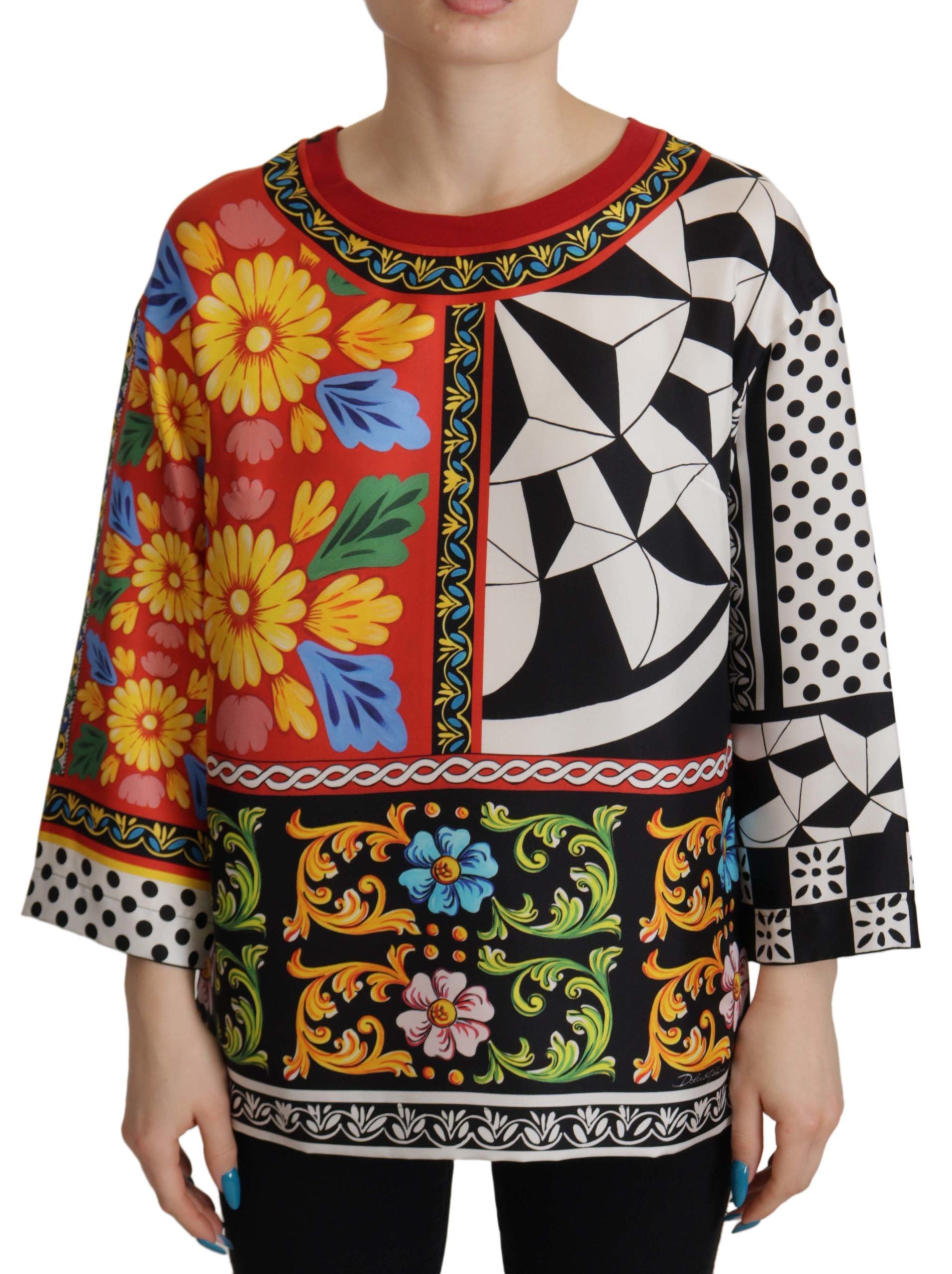 Dolce &amp; Gabbana Silk Baroque Floral Round Neck Blouse