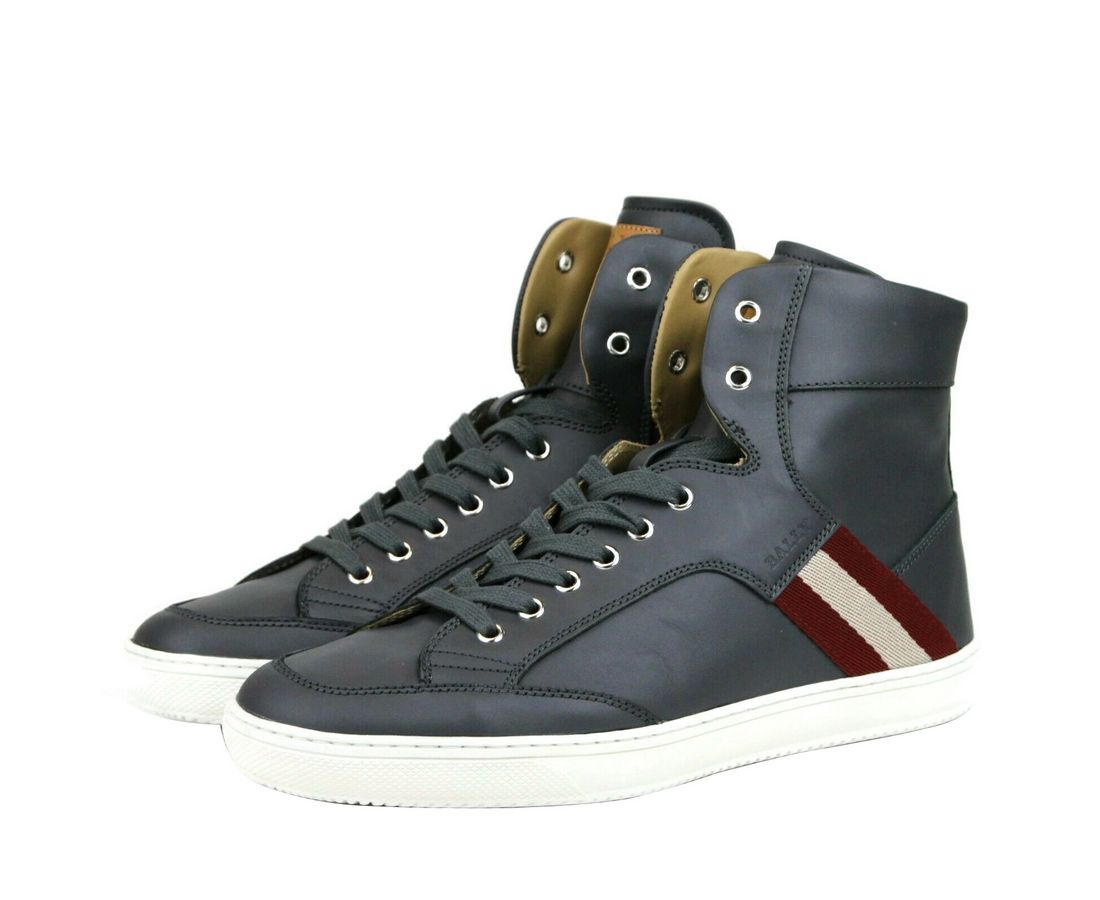 Bally Dark Grey Calf Leather Hi Top Sneaker With Red Beige