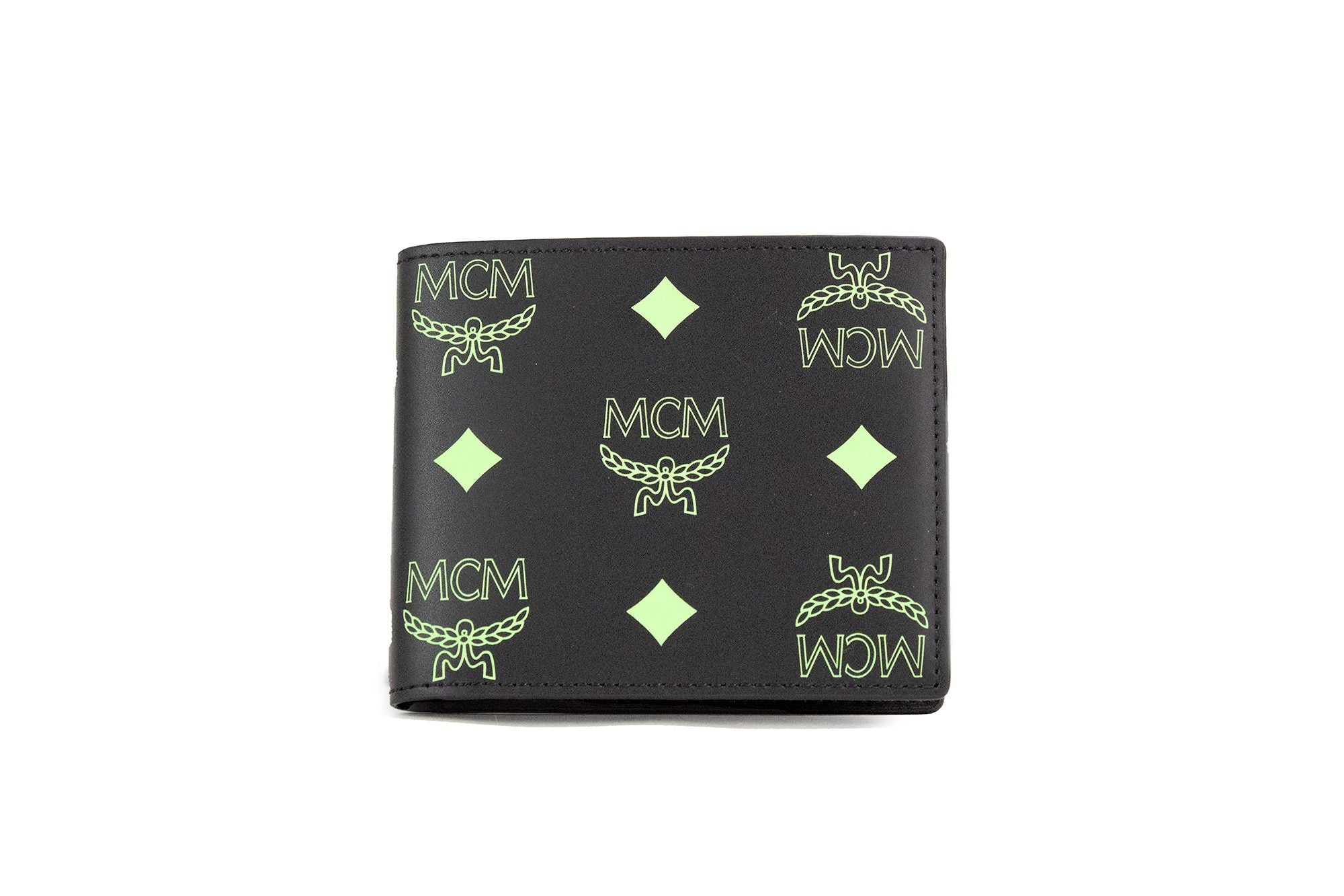 MCM Small Black Summer Green Smooth Visetos Monogram Logo Leather Bifold Wallet