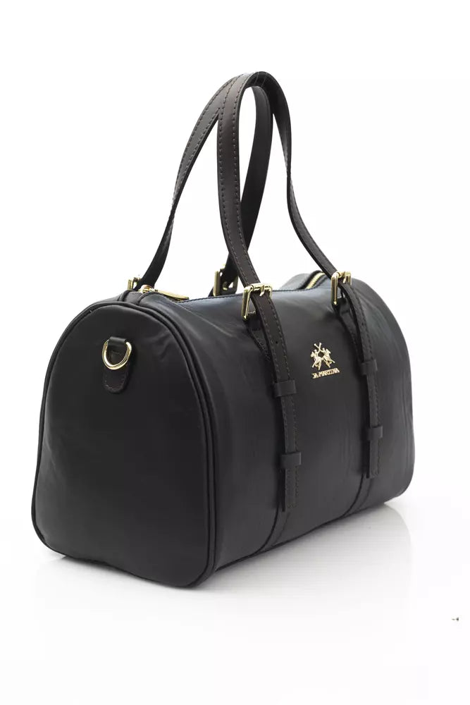 La Martina Black Leather Men Messenger Bag