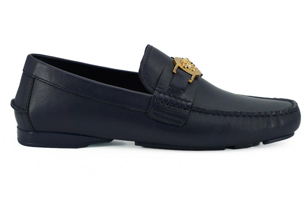 Versace Elegant Navy Blue Calf Leather Loafers