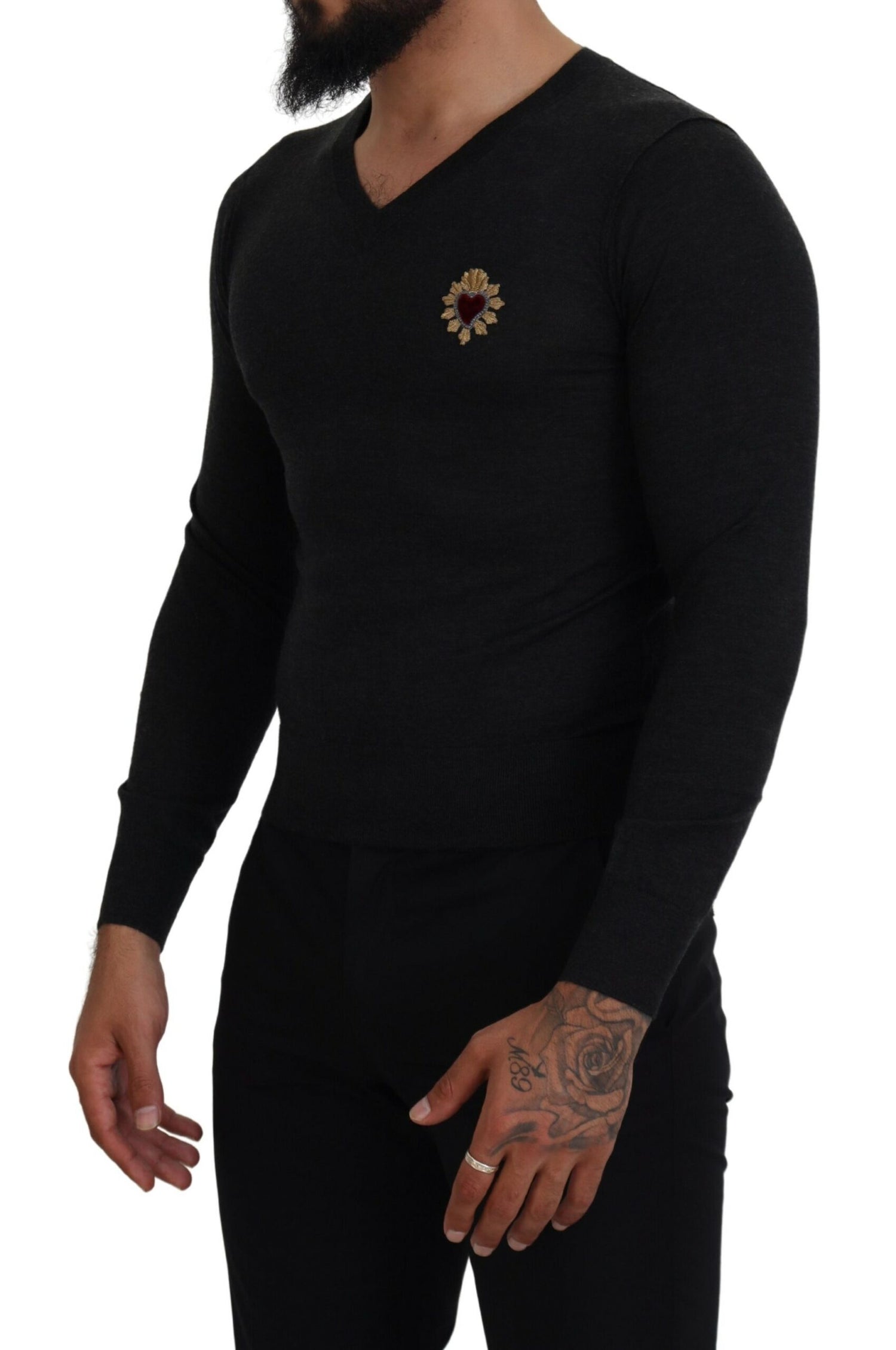 Dolce &amp; Gabbana V-Neck Cashmere Sweater with Heart Embroidery