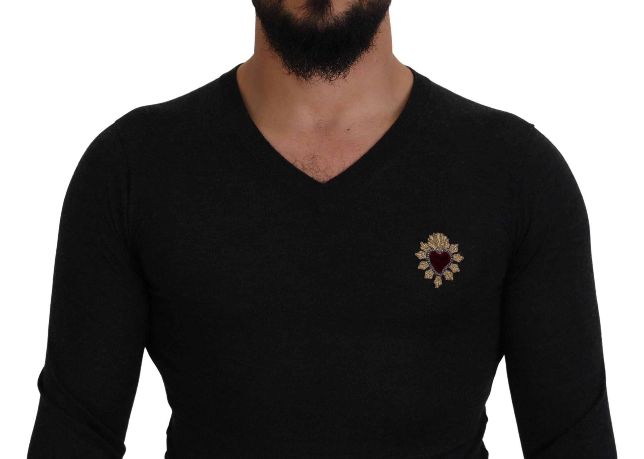 Dolce &amp; Gabbana V-Neck Cashmere Sweater with Heart Embroidery