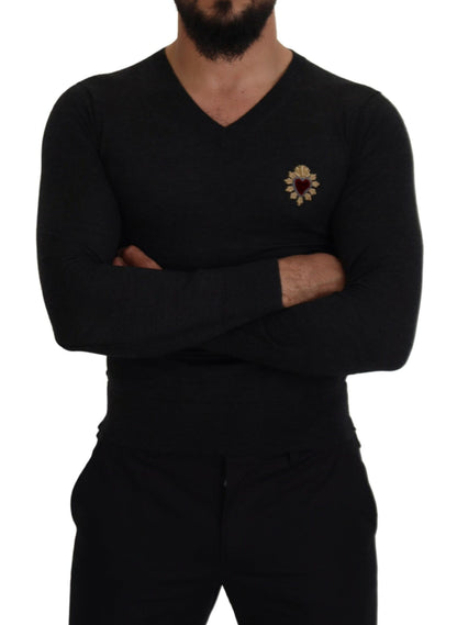 Dolce &amp; Gabbana V-Neck Cashmere Sweater with Heart Embroidery