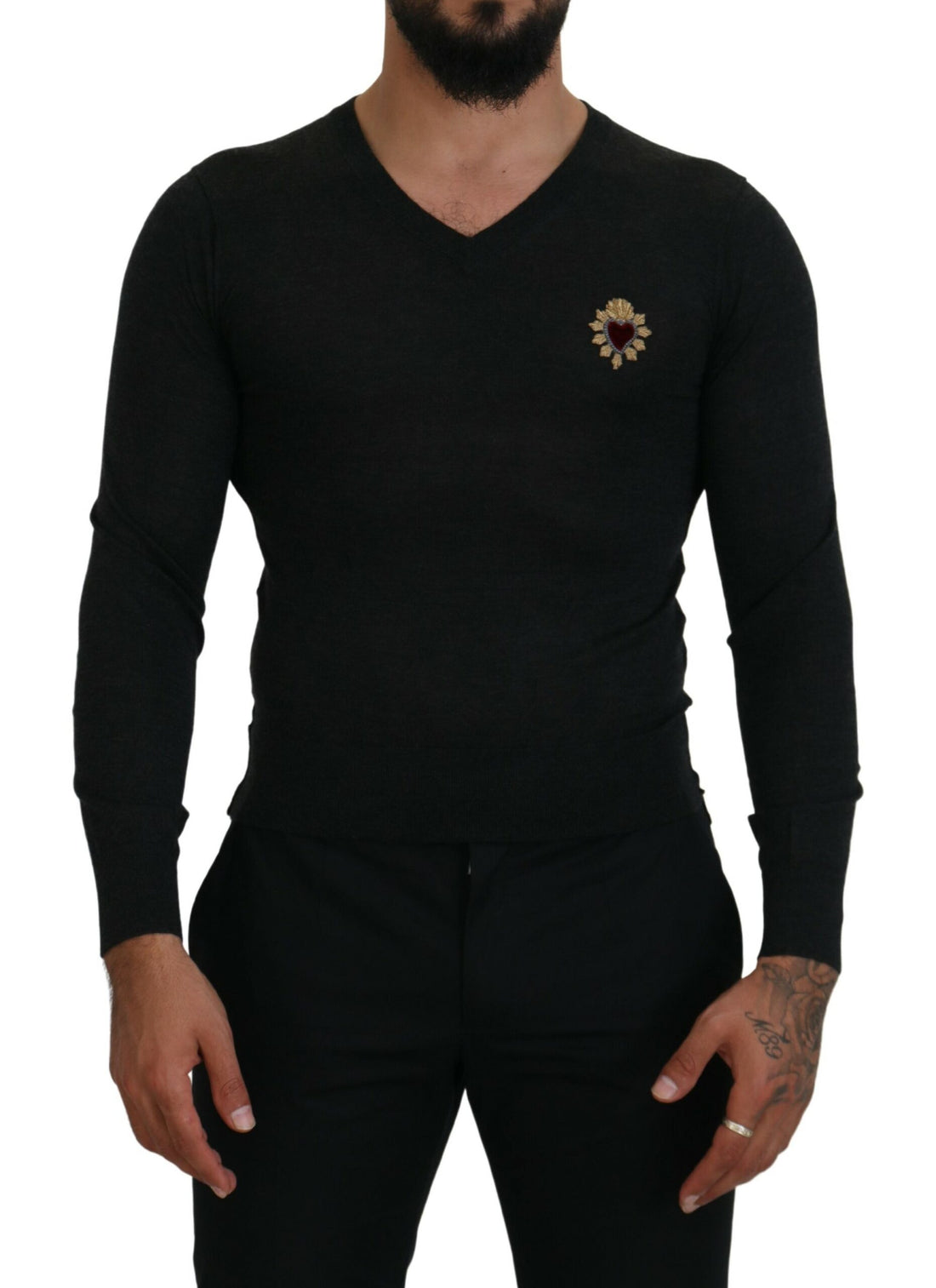 Dolce &amp; Gabbana V-Neck Cashmere Sweater with Heart Embroidery