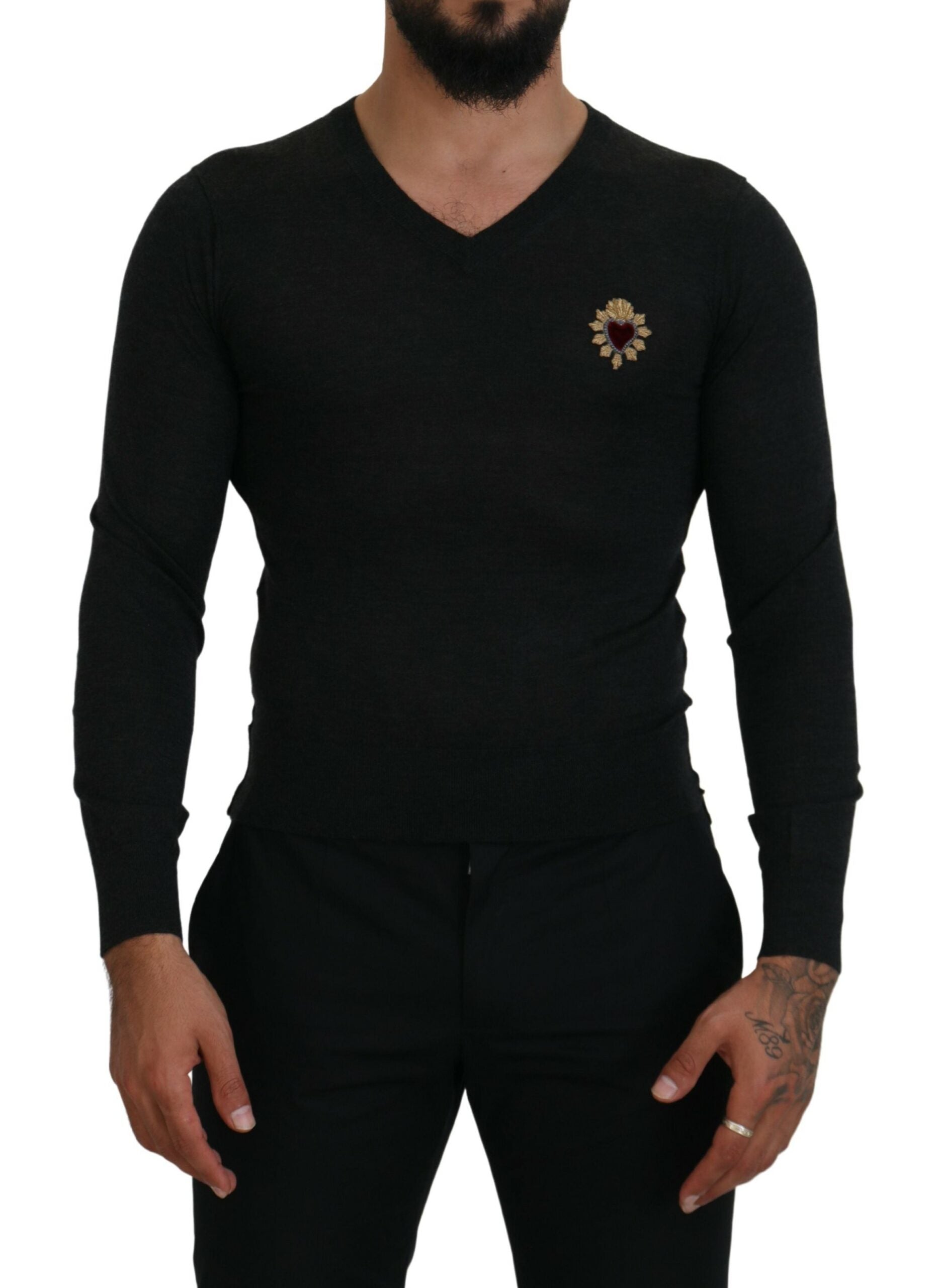 Dolce &amp; Gabbana V-Neck Cashmere Sweater with Heart Embroidery