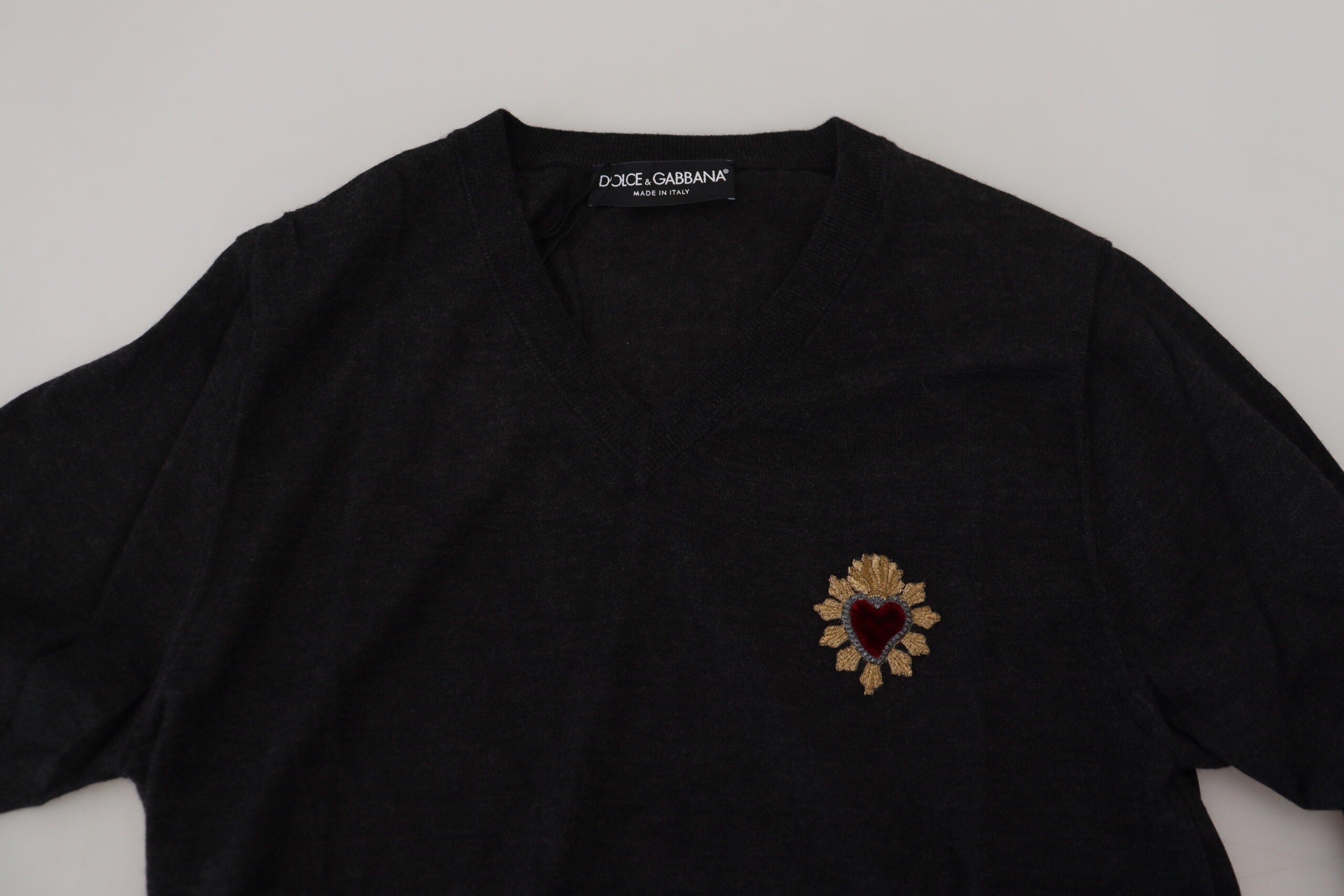 Dolce &amp; Gabbana V-Neck Cashmere Sweater with Heart Embroidery