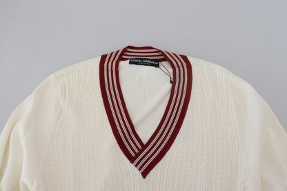 Dolce &amp; Gabbana Off White Silk Cotton V-Neck Sweater