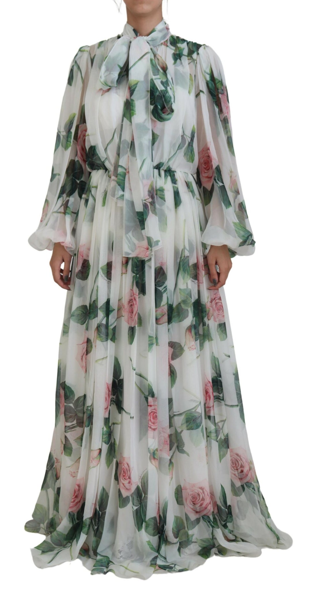 Dolce &amp; Gabbana Elegant White Silk Maxi Dress with Rose Print