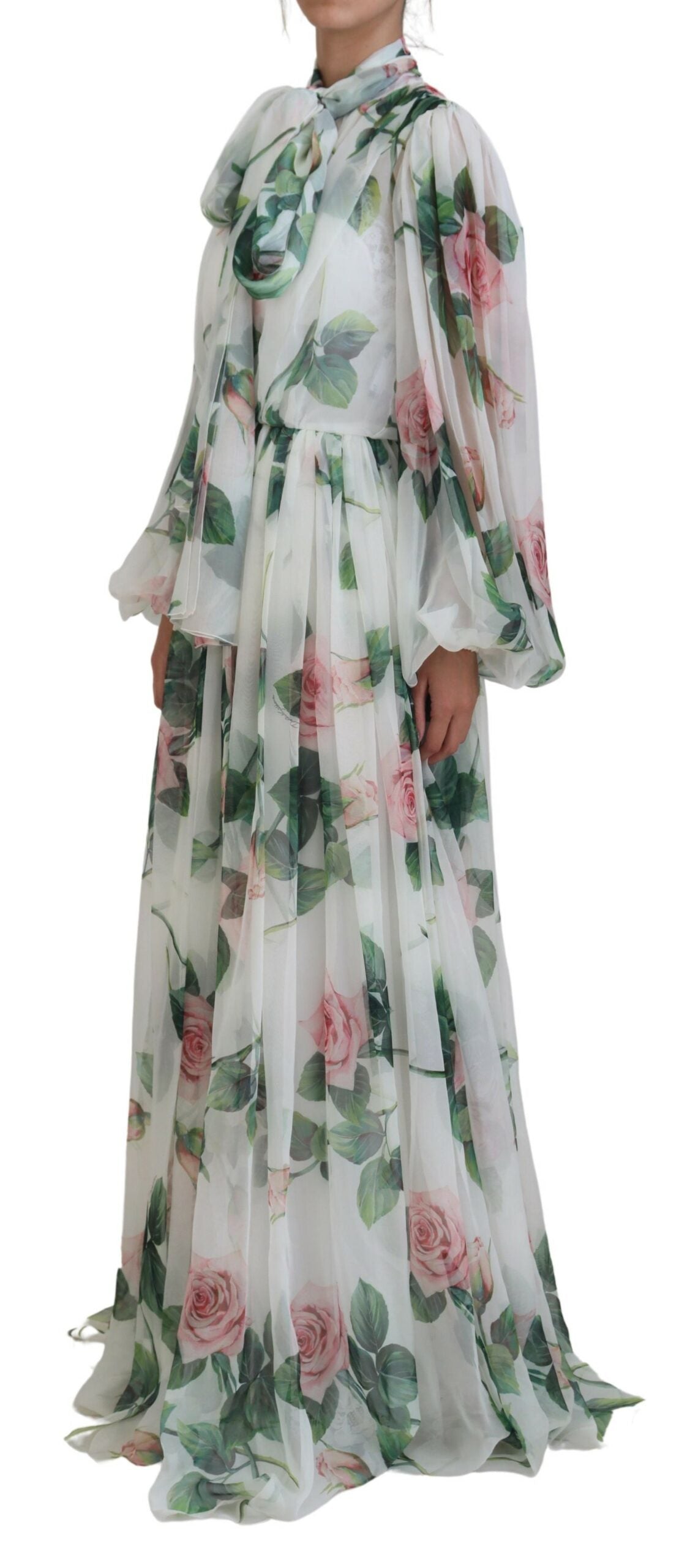 Dolce &amp; Gabbana Elegant White Silk Maxi Dress with Rose Print