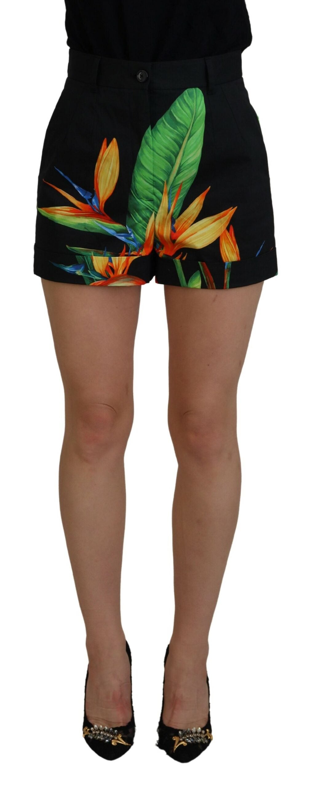 Dolce &amp; Gabbana High Waist Hot Pants Shorts in Black Leaves Print