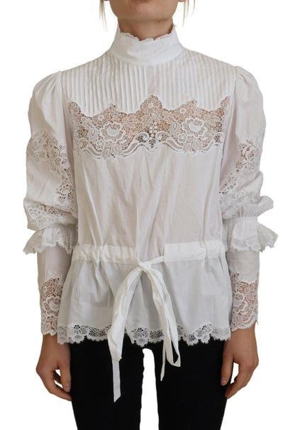 Dolce &amp; Gabbana Elegant White Lace Trim Cotton Blouse