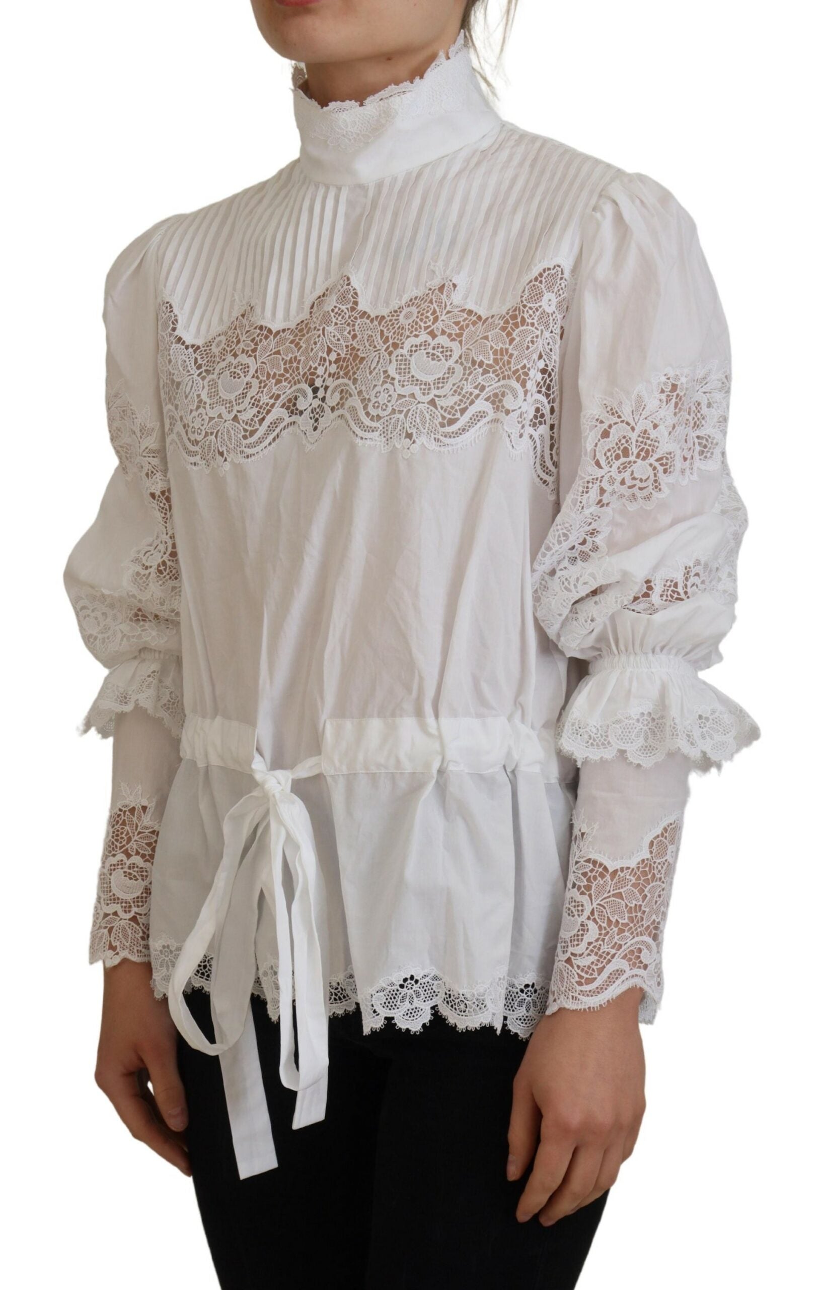 Dolce &amp; Gabbana Elegant White Lace Trim Cotton Blouse