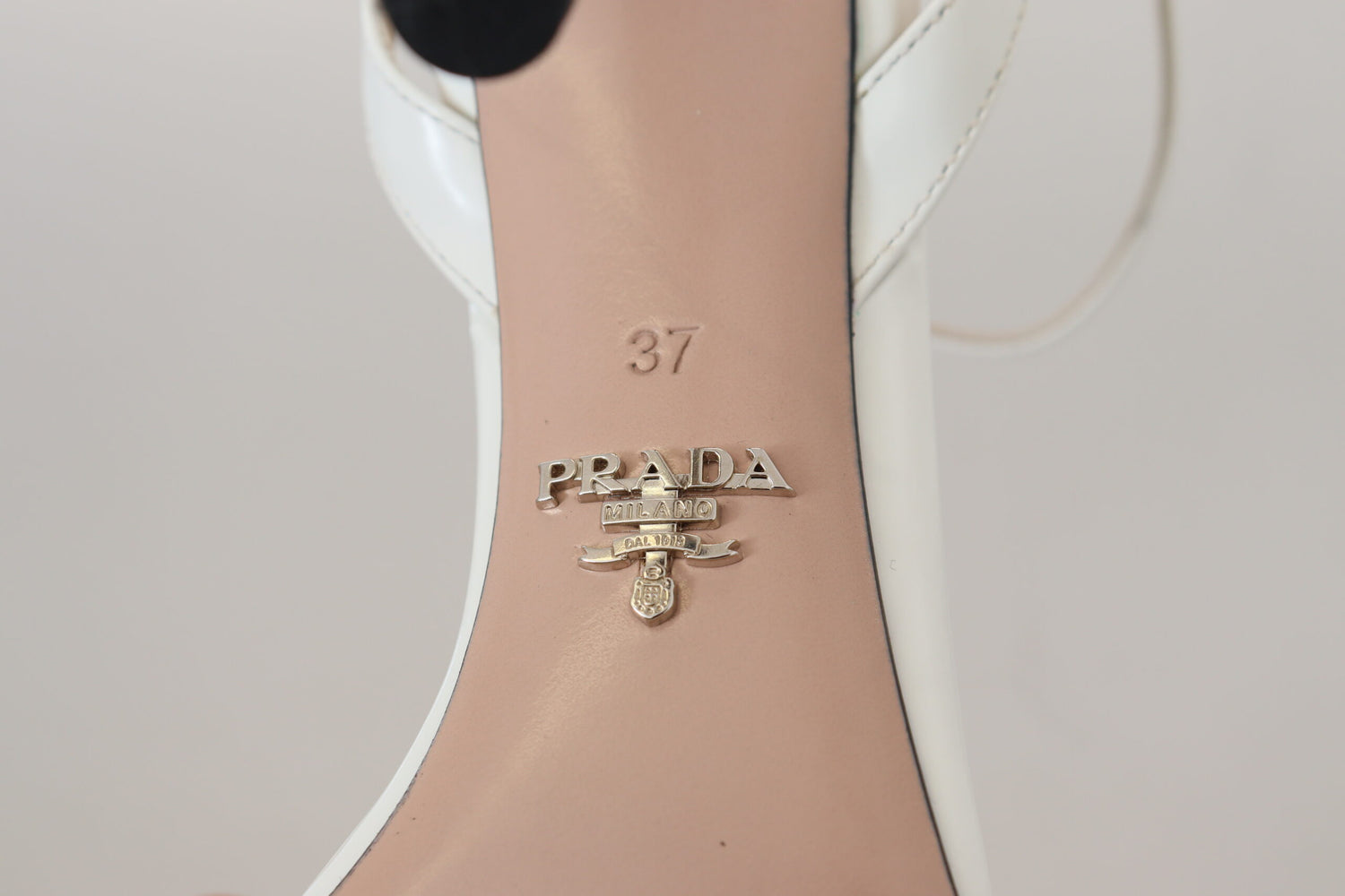 Prada Elegant Silver-White Leather Strap Heels