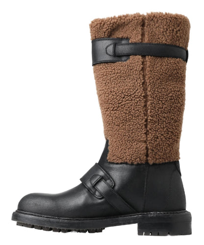 Dolce &amp; Gabbana Black Shearling Leather Long Boots