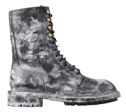 Dolce &amp; Gabbana Chic Black Lace-Up Boots with Gray White Fade