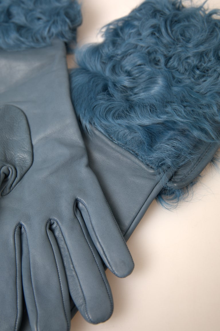 Dolce &amp; Gabbana Elegant Blue Leather Gloves with Fur Trim