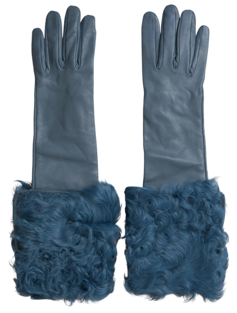 Dolce &amp; Gabbana Elegant Blue Leather Gloves with Fur Trim