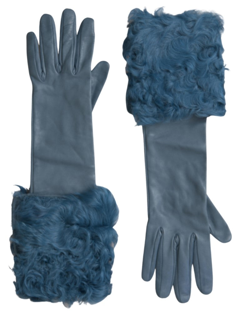 Dolce &amp; Gabbana Elegant Blue Leather Gloves with Fur Trim