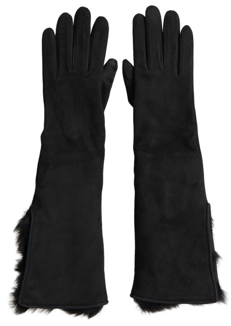 Dolce &amp; Gabbana Elegant Leather Elbow Length Gloves with Fur Trim