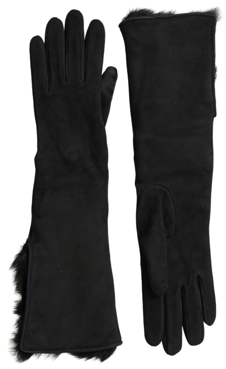 Dolce &amp; Gabbana Elegant Leather Elbow Length Gloves with Fur Trim