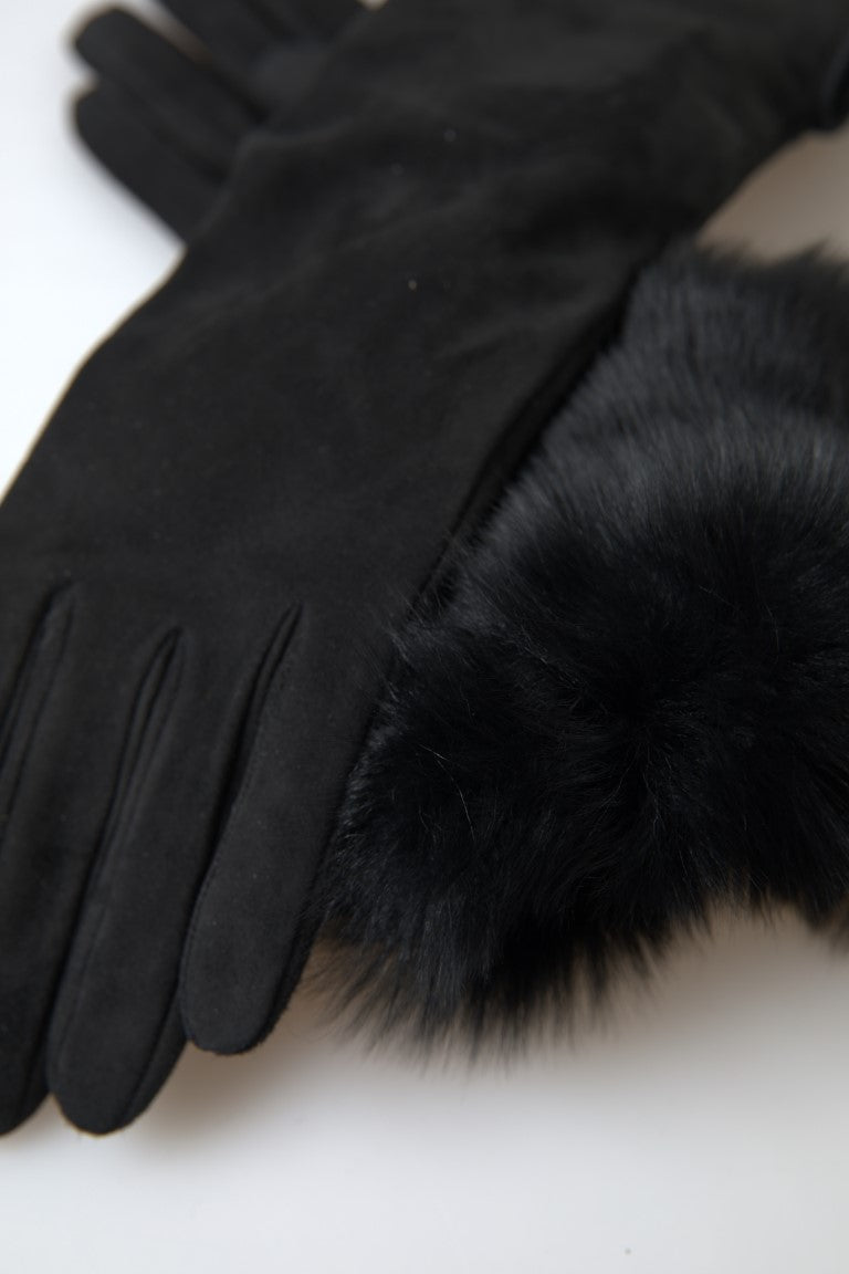 Dolce &amp; Gabbana Elegant Leather Elbow Length Gloves with Fur Trim