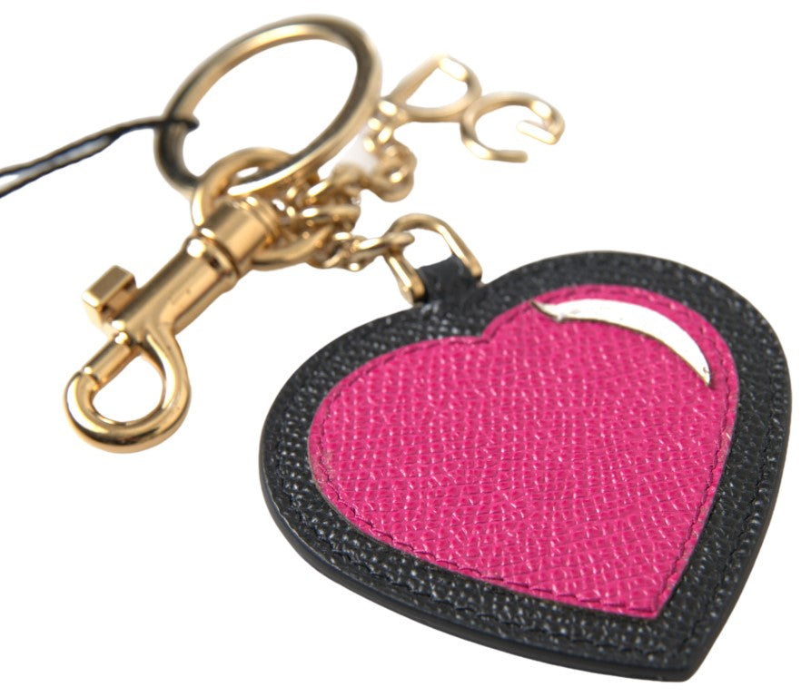 Dolce &amp; Gabbana Elegant Black Leather Keychain with Fuchsia Accent