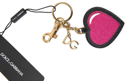 Dolce &amp; Gabbana Elegant Black Leather Keychain with Fuchsia Accent