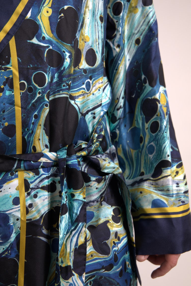 Dolce &amp; Gabbana Marble Blue Silk Long Robe Luxury Sleepwear