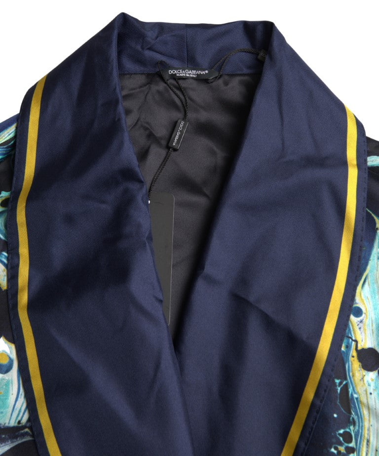 Dolce &amp; Gabbana Marble Blue Silk Long Robe Luxury Sleepwear