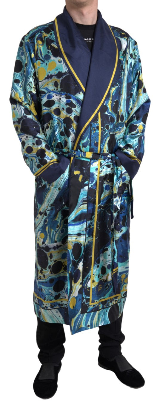 Dolce &amp; Gabbana Marble Blue Silk Long Robe Luxury Sleepwear