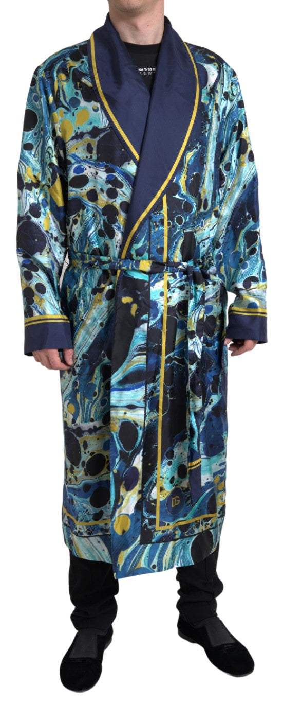 Dolce &amp; Gabbana Marble Blue Silk Long Robe Luxury Sleepwear