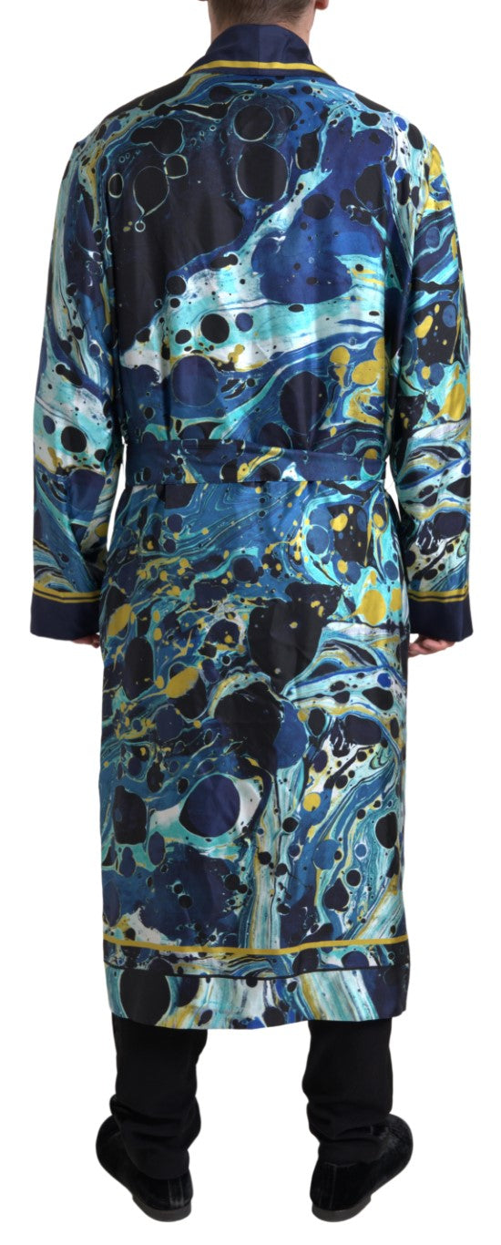 Dolce &amp; Gabbana Marble Blue Silk Long Robe Luxury Sleepwear