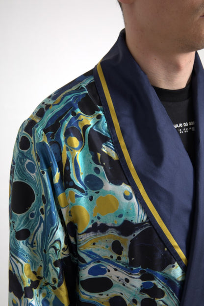 Dolce &amp; Gabbana Marble Blue Silk Long Robe Luxury Sleepwear