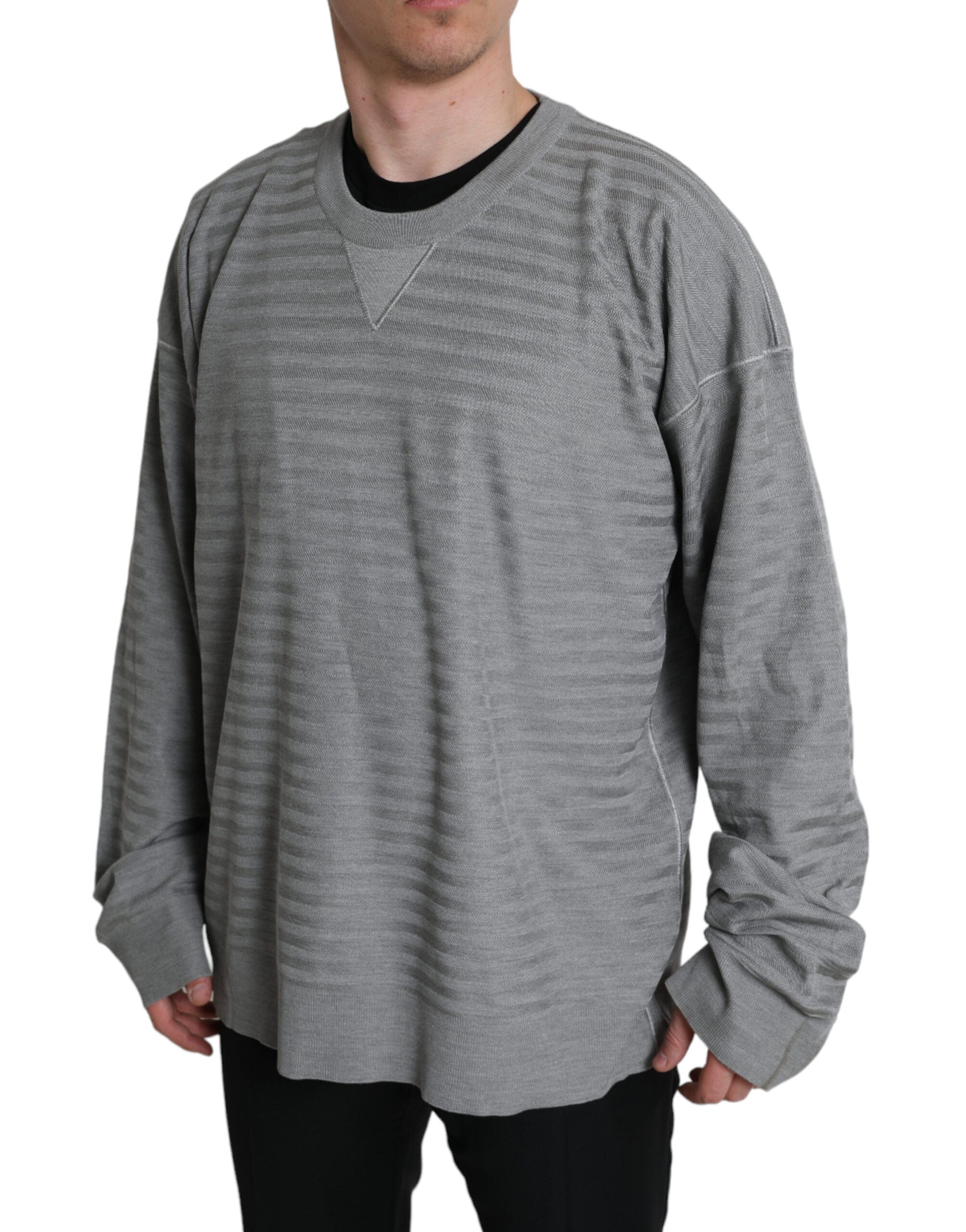 Dolce &amp; Gabbana Elegant Gray Striped Silk Crewneck Pullover