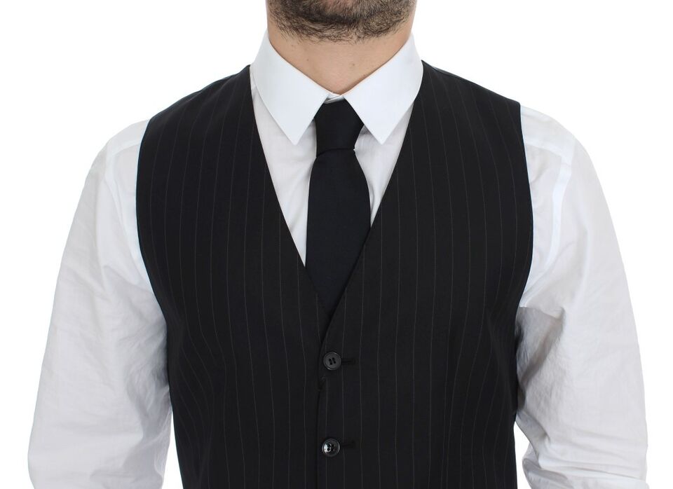 Dolce &amp; Gabbana Chic Black Striped Wool Silk Dress Vest