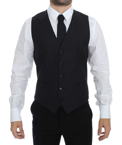 Dolce &amp; Gabbana Chic Black Striped Wool Silk Dress Vest