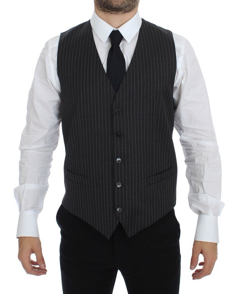 Dolce &amp; Gabbana Elegant Gray Striped Wool Dress Vest