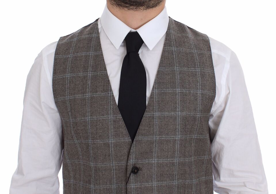 Dolce &amp; Gabbana Elegant Brown Checkered Wool Dress Vest