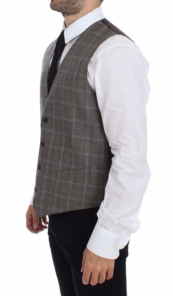 Dolce &amp; Gabbana Elegant Brown Checkered Wool Dress Vest