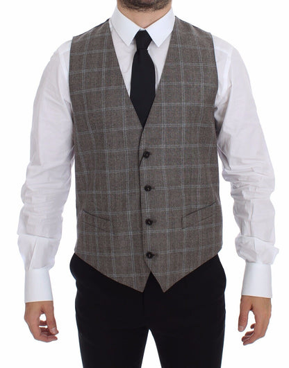 Dolce &amp; Gabbana Elegant Brown Checkered Wool Dress Vest